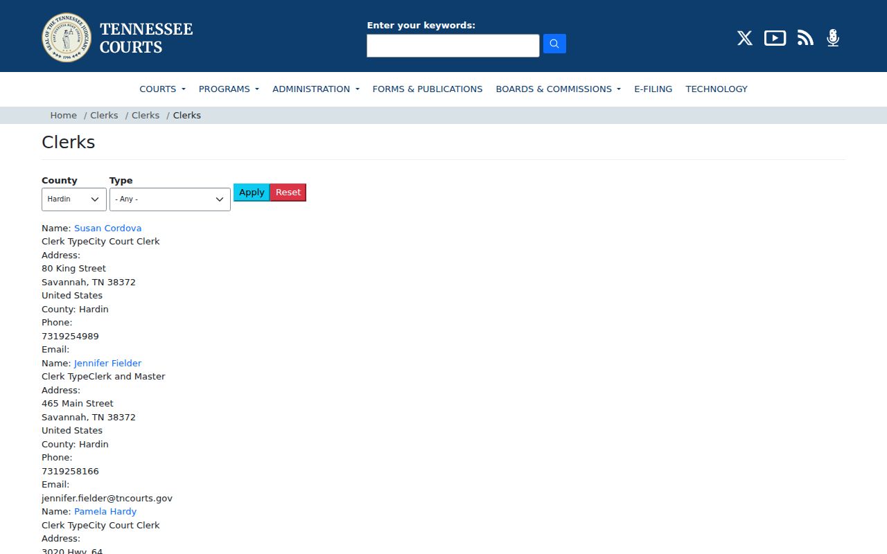 Hardin County Crump city court clerk directory for Crump arrest record routing