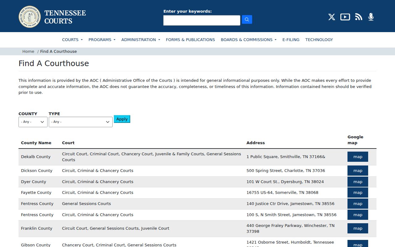 Hardin County warrant record court verification through the Tennessee courthouse finder